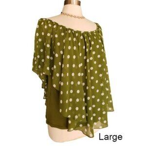 Womens L Blouse Green Polka Dot Sheer Overlay Layered Chic Cottagecore C est 194